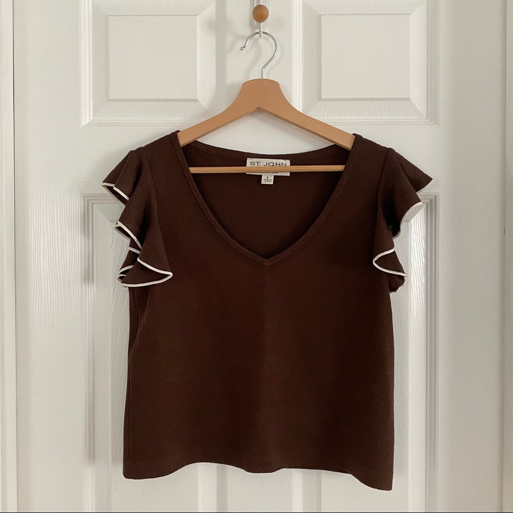 St. John Santana Knit Brown Flutter Sleeve Knit Top